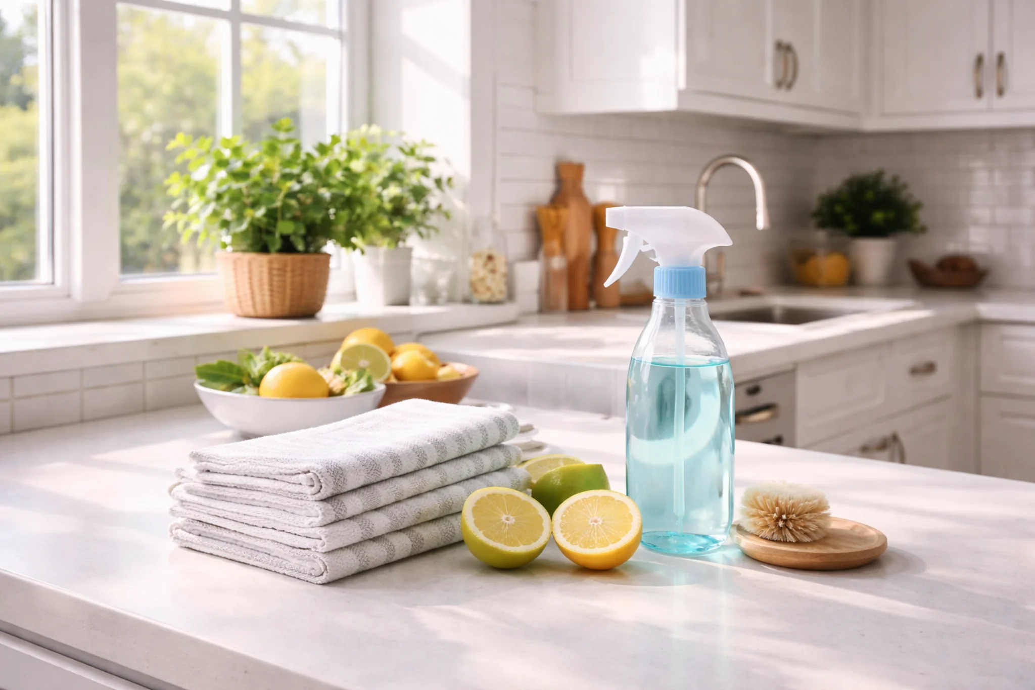 Gleaming kitchen with cleaning spray bottle and citrus by a sunlit window